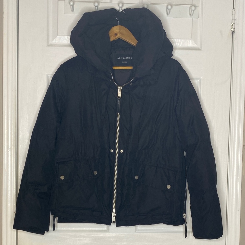 All Saints Black Hooded Puffer Jacket #2